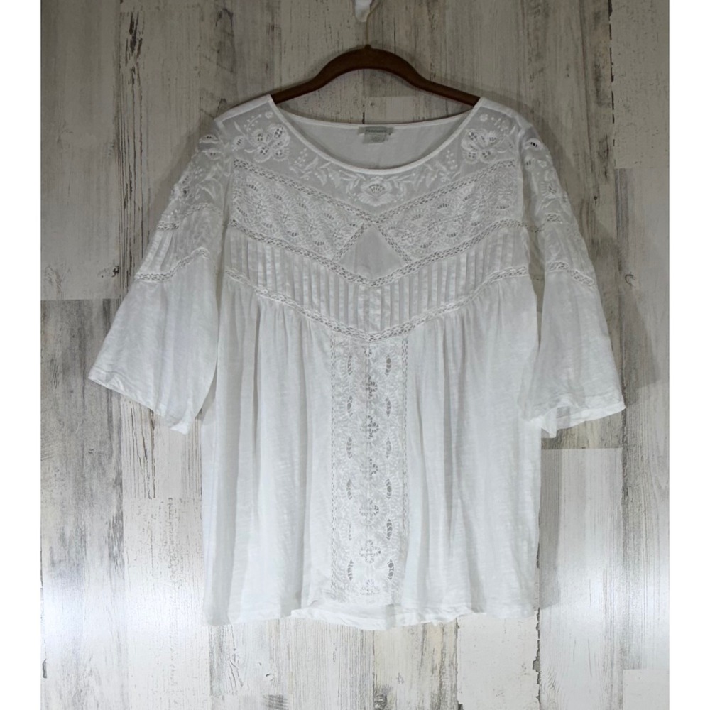 Sundance Blouse Large White Boho Embroidered Lace Trim Bell Sleeve Slub Top READ
